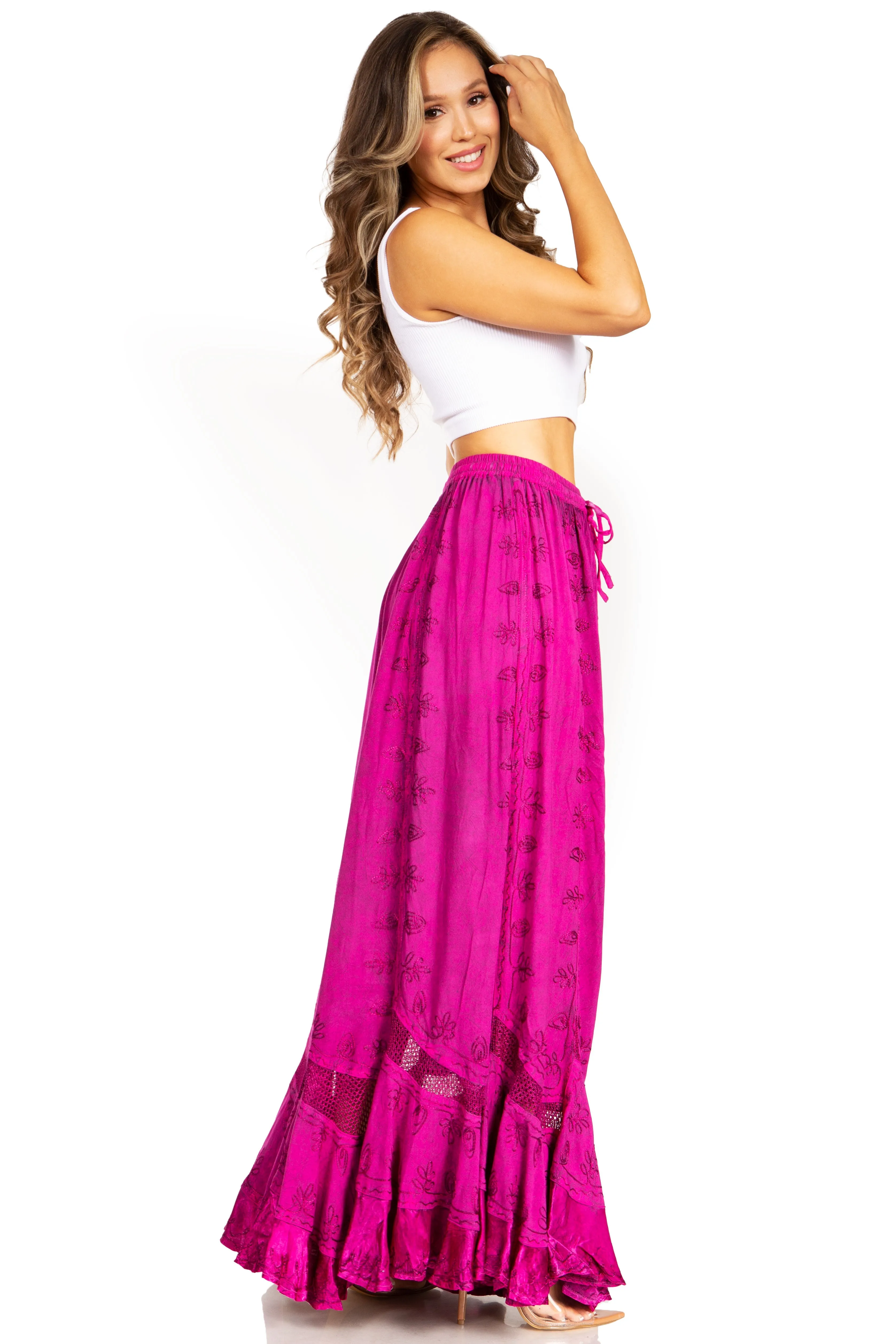 Sakkas Ivy Second Women's Maxi Boho Elastic Waist Embroidered A Line Long Skirt