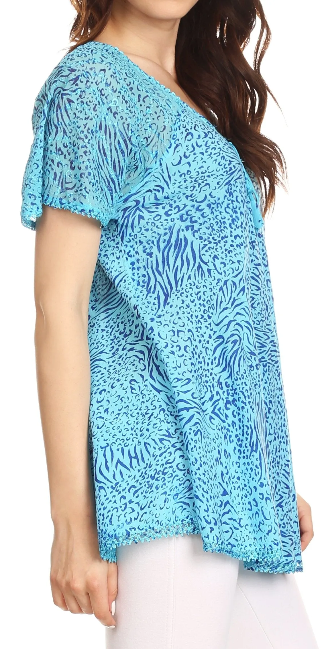 Sakkas Terhas Relaxed Fit Animal Print Crepe Sleeve Drawstring Blouse | Cover Up