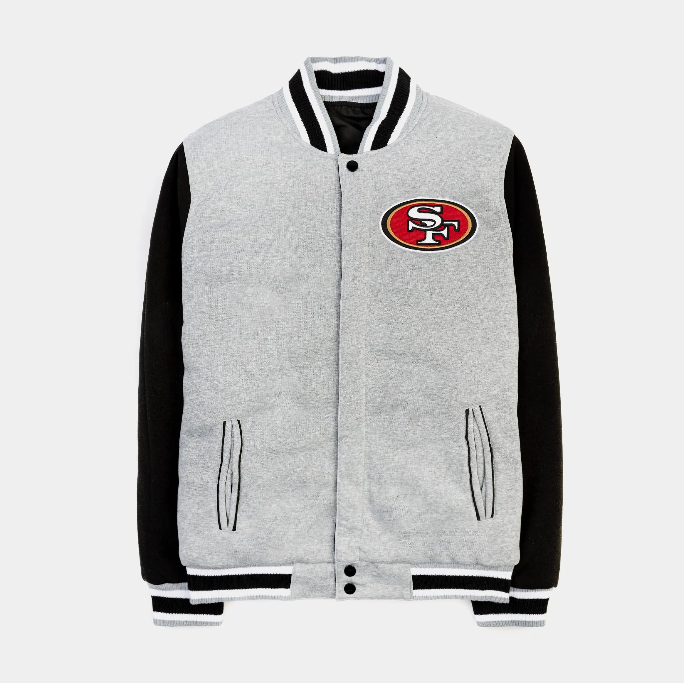 San Francisco 49ers Reversible Letterman Mens Jacket (Black/Grey)