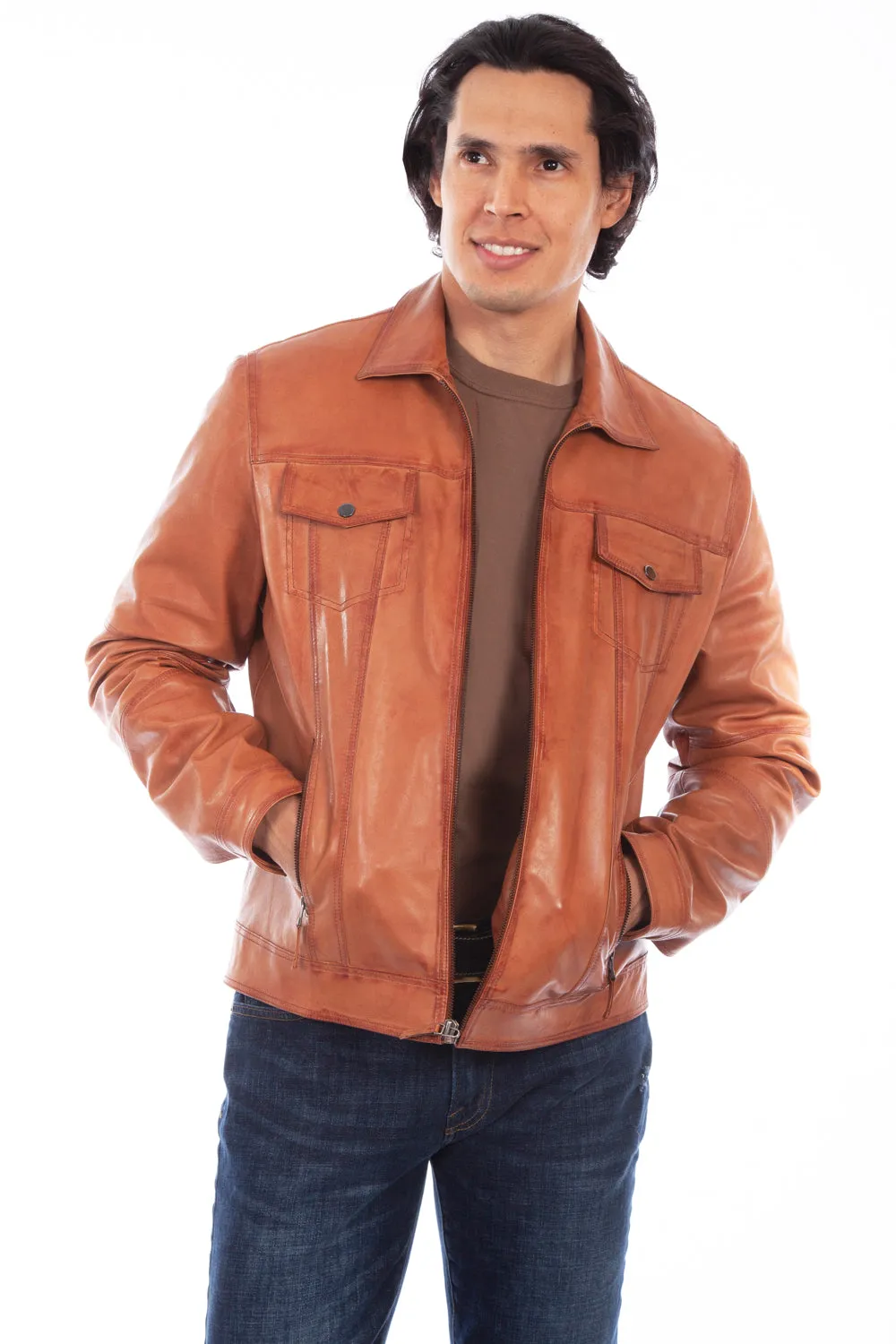 Scully Mens Cognac Leather Vintage Racer Jacket