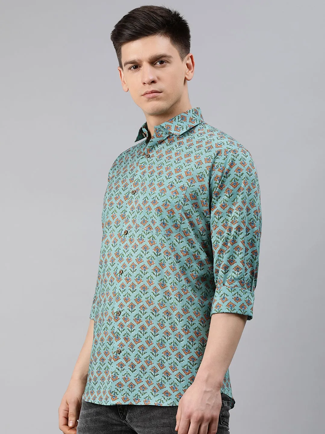 Sea Green Cotton Full Sleeves Shirts For Men-Mmf0249