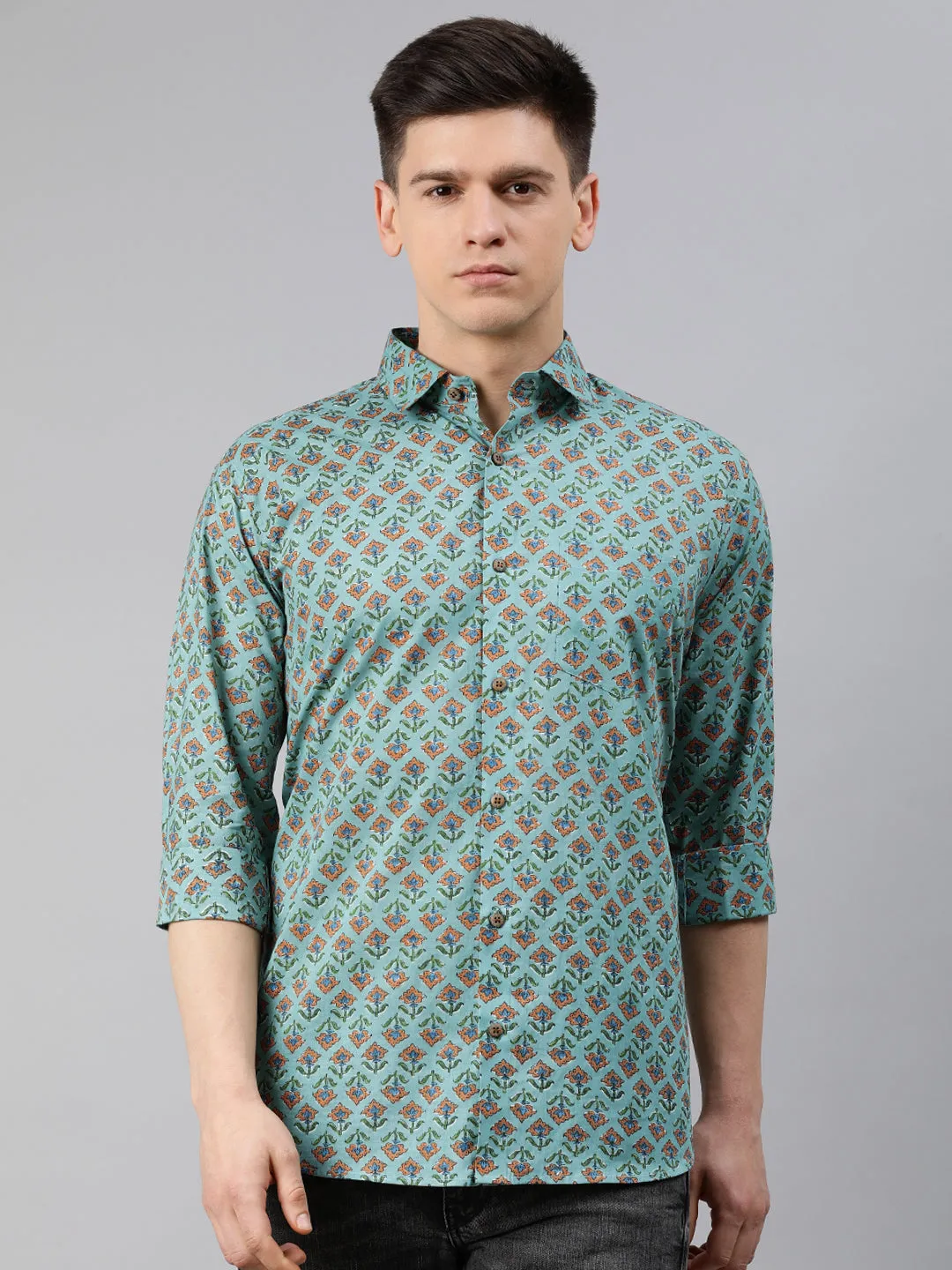 Sea Green Cotton Full Sleeves Shirts For Men-Mmf0249