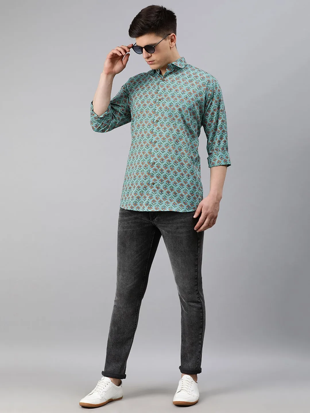 Sea Green Cotton Full Sleeves Shirts For Men-Mmf0249