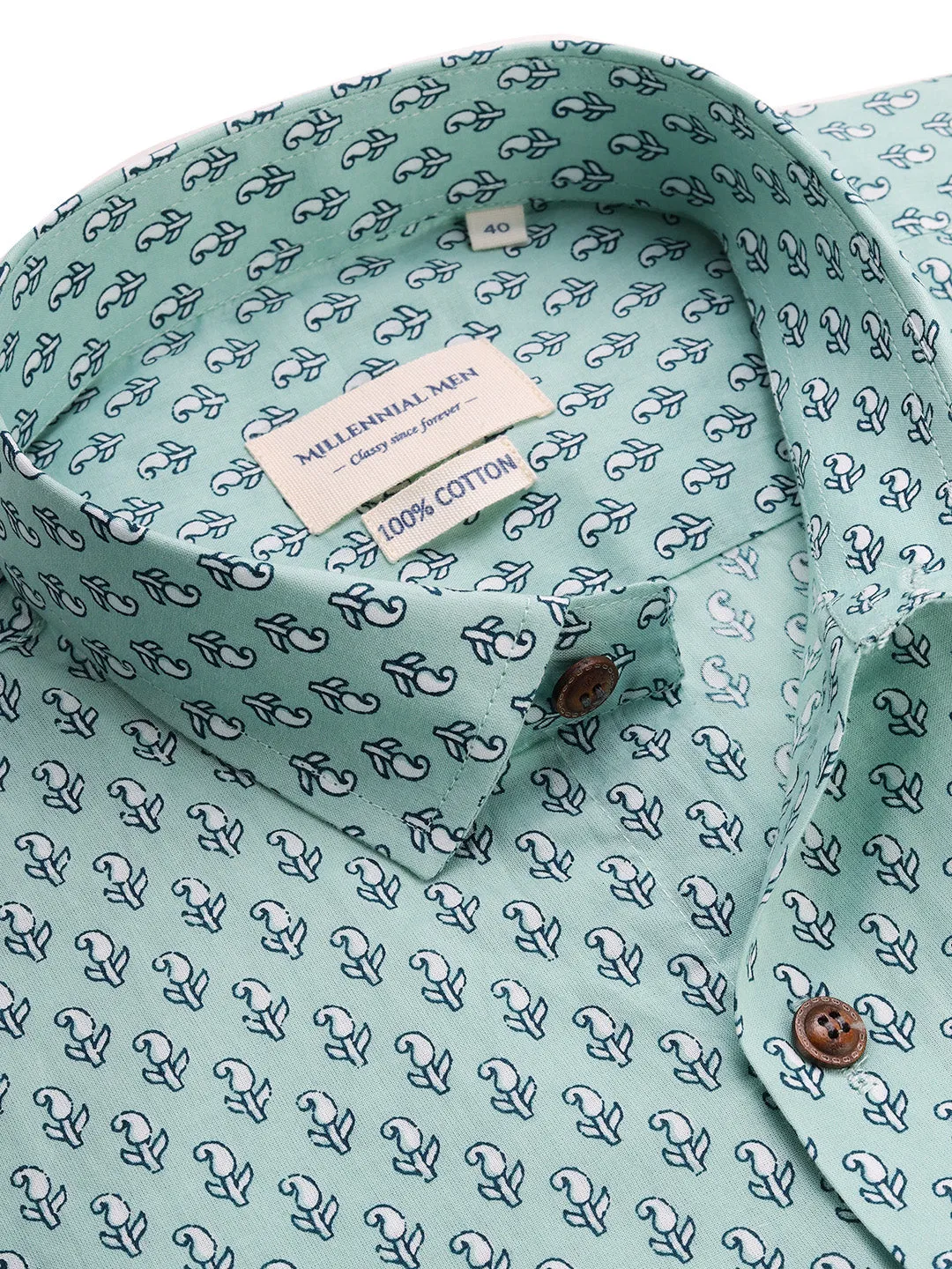 Sea Green Cotton Short Sleeves Shirts For Men-Mmh026