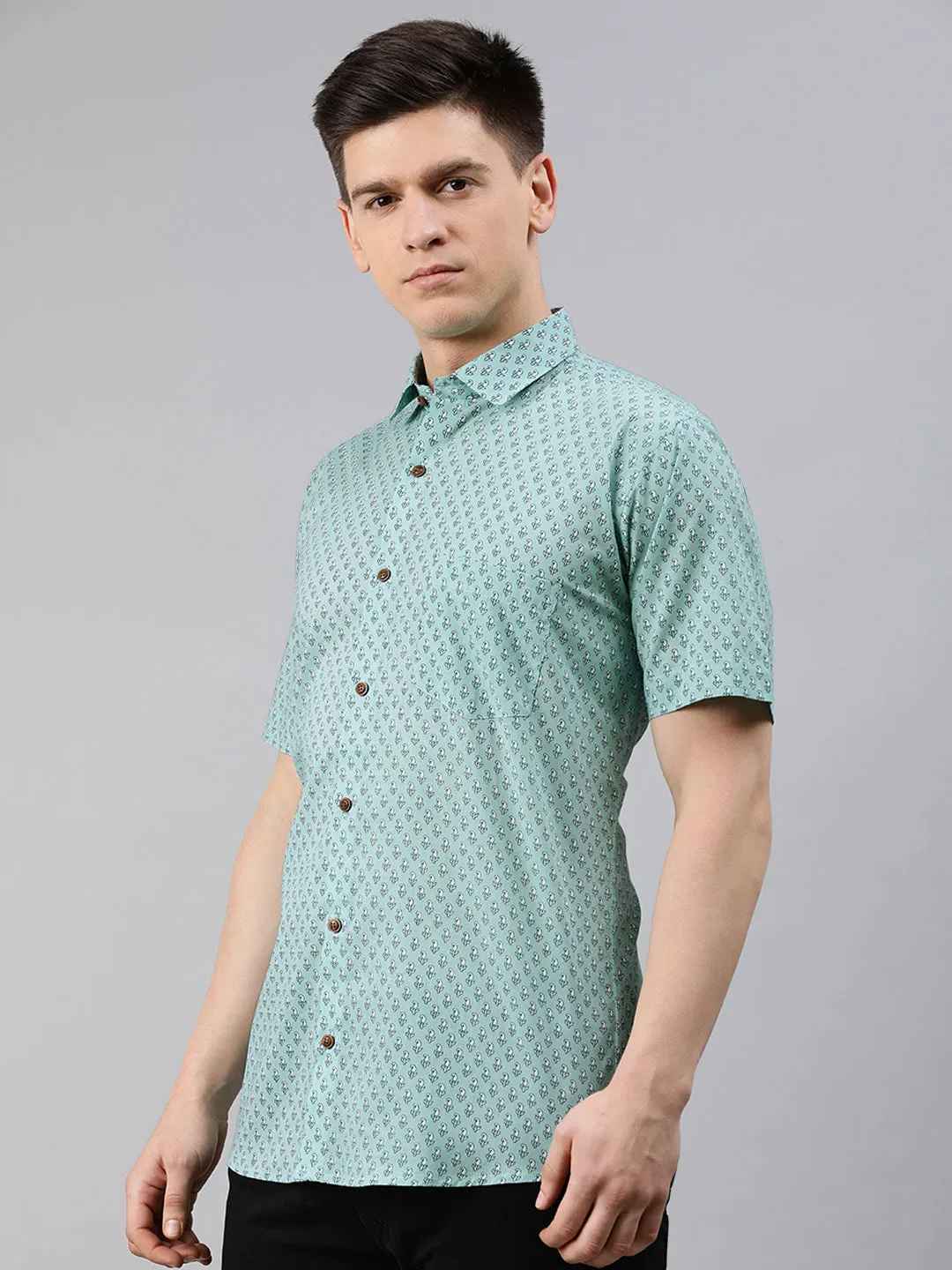 Sea Green Cotton Short Sleeves Shirts For Men-Mmh026