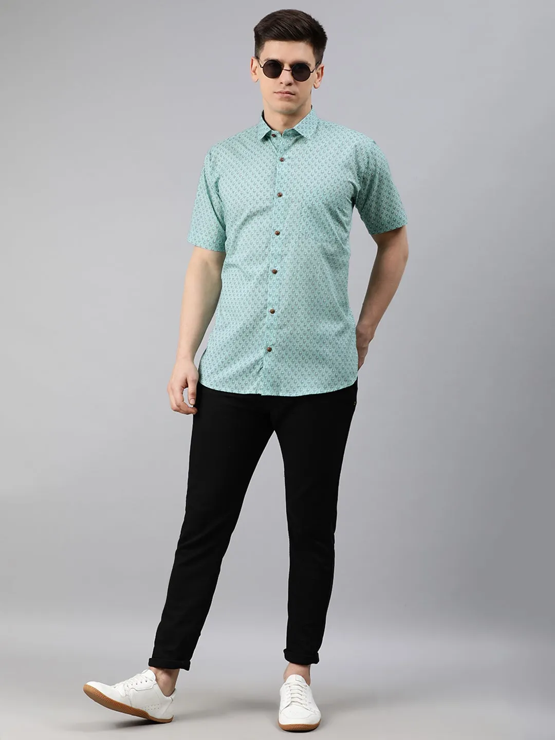 Sea Green Cotton Short Sleeves Shirts For Men-Mmh026