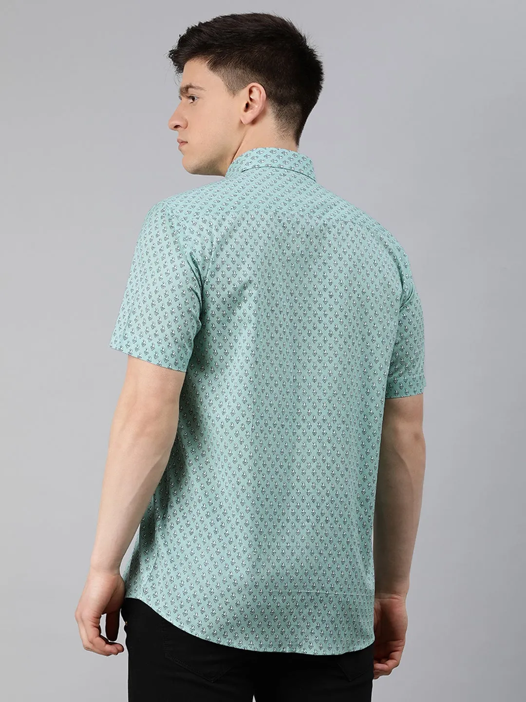 Sea Green Cotton Short Sleeves Shirts For Men-Mmh026