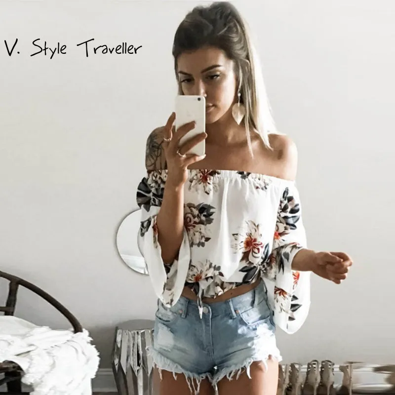 Sexy off Shoulder Flower Print Chiffon Blouse Women Chocker Shirt blusa Casual ropa mujer veste femme Summer Style Top Boho Tee