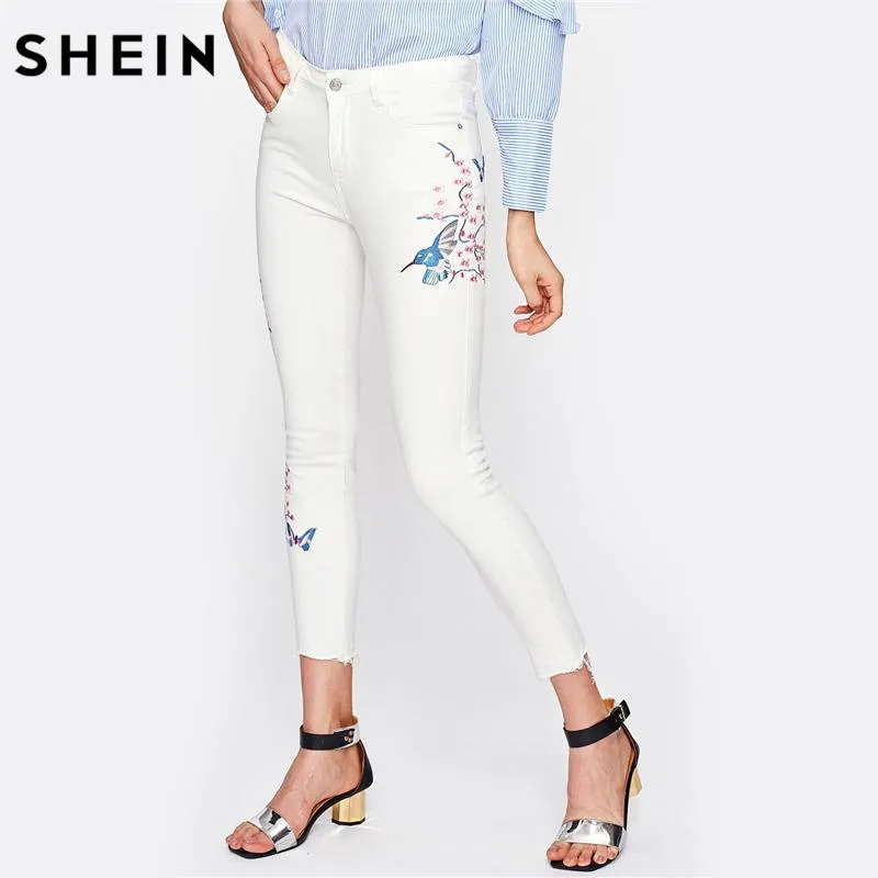 SHEIN Flower Blossom Embroidered Raw Hem Jeans Denim White Skinny Jeans Autumn Woman Zipper Fly High Waisted Jeans