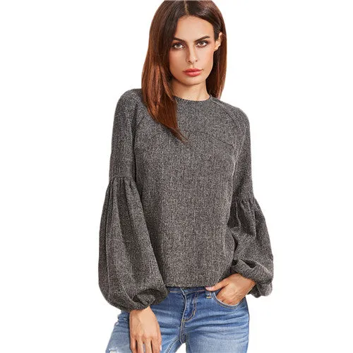 SHEIN Women Tops and Blouses New Fashion Women Shirt Ladies Tops Grey Keyhole Back Lantern Sleeve Top Long Sleeve Blouse