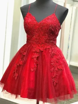 Short V Neck Red Lace Prom Dresses, V Neck Short Red Lace Graduation Homecoming Dresses