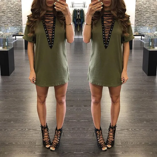 Sibybo Summer T Shirt Dress 2017 Women Deep V Neck Lace Up  Sexy Bodycon Bandage Party Dresses Casual T-Shirt Dress Vestidos