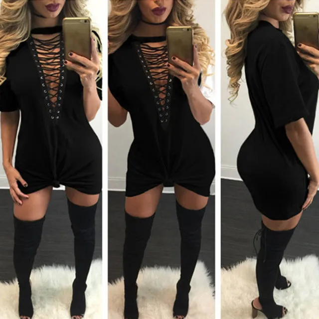 Sibybo Summer T Shirt Dress 2017 Women Deep V Neck Lace Up  Sexy Bodycon Bandage Party Dresses Casual T-Shirt Dress Vestidos