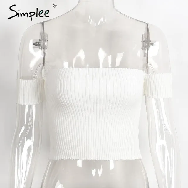 Simplee Sexy slash neck knitted top tees Women black short sleeve bustier crop top Party white tops tank slim female camisole