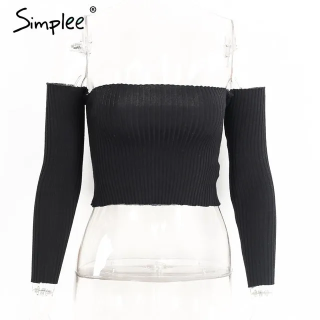 Simplee Sexy slash neck knitted top tees Women black short sleeve bustier crop top Party white tops tank slim female camisole