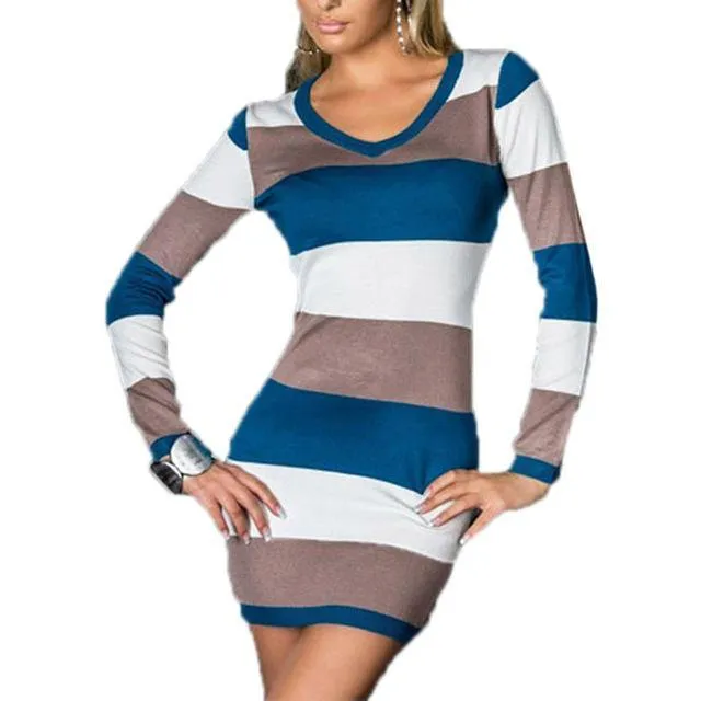 Singwing Women Long-sleeved striped Dresses V-neck Casual Style Sheath Dress Autumn Female's Dresses