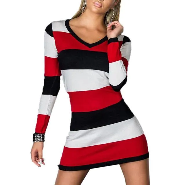 Singwing Women Long-sleeved striped Dresses V-neck Casual Style Sheath Dress Autumn Female's Dresses