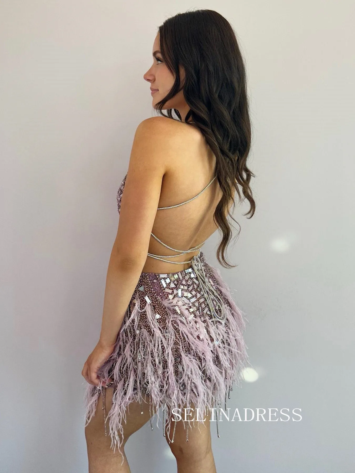 Spaghetti Straps Beaded Short Homecoming Dresses Feather Hoco Dress Cocktail Dress #TKL1911