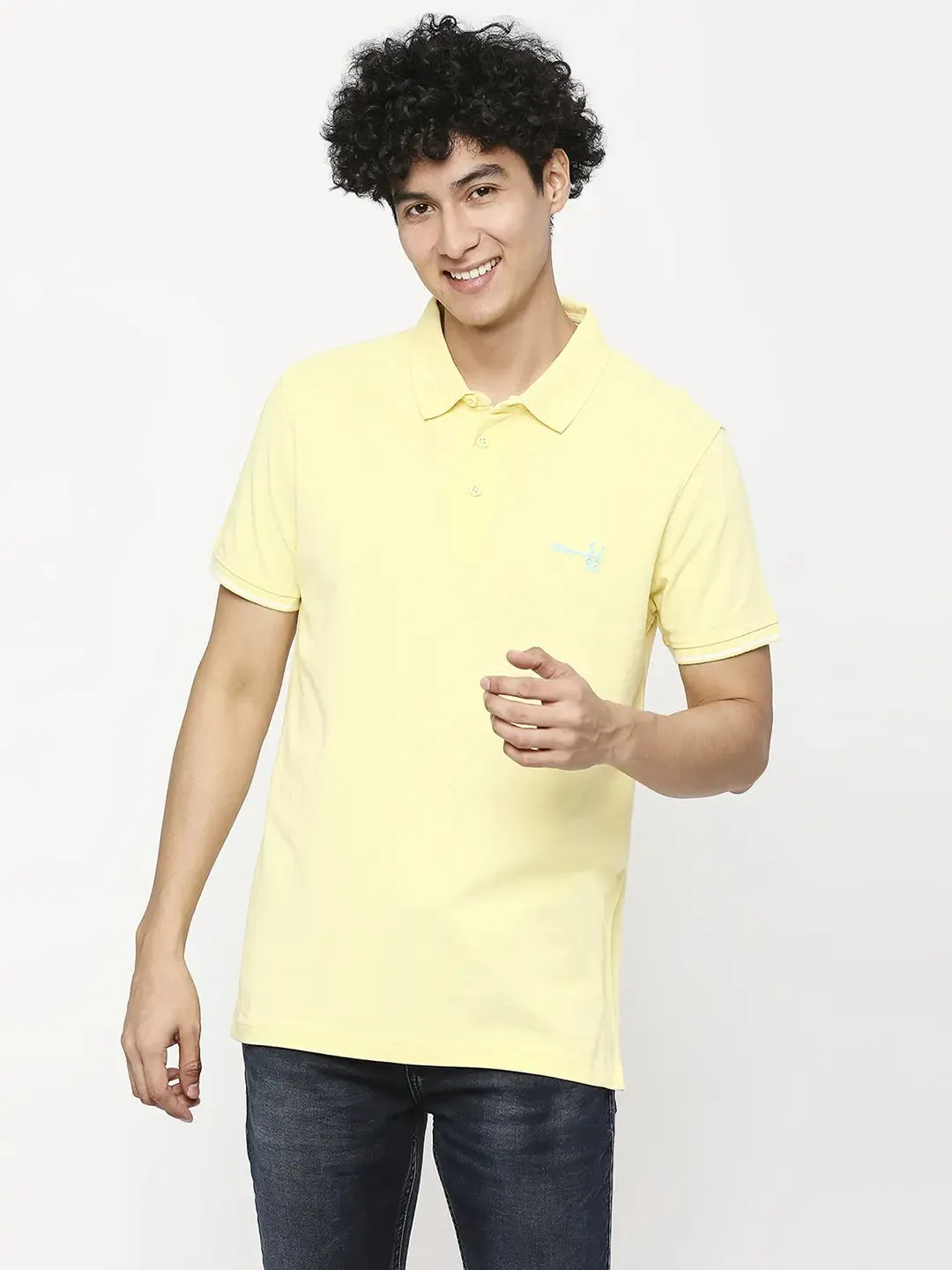 Spykar Men Butter Yellow Cotton Slim Fit Plain Polo Neck Tshirt