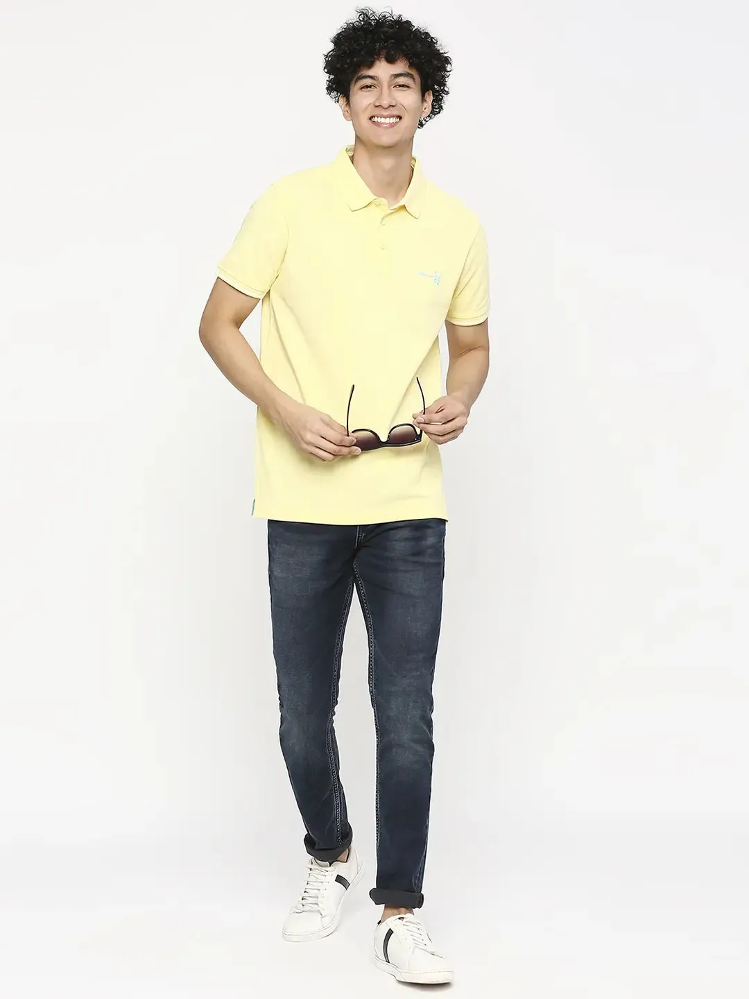 Spykar Men Butter Yellow Cotton Slim Fit Plain Polo Neck Tshirt