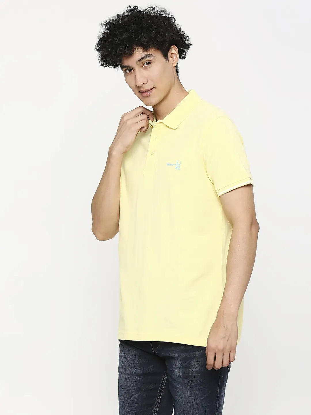 Spykar Men Butter Yellow Cotton Slim Fit Plain Polo Neck Tshirt