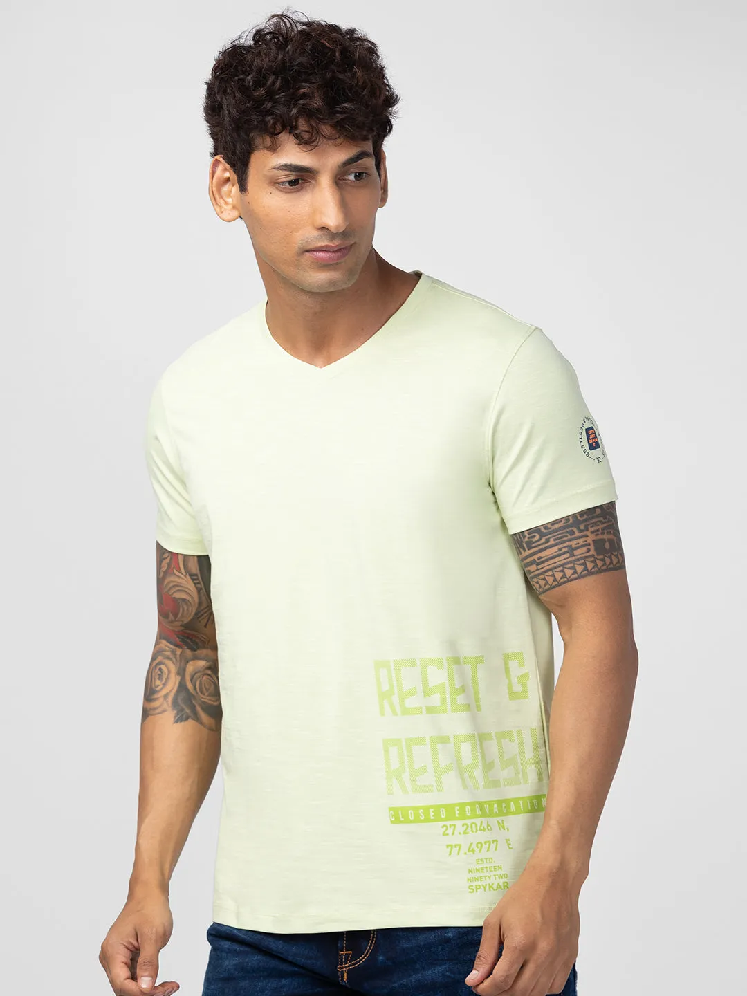 Spykar Men Powder Green Cotton Regular Fit Half Sleeve Printed T-Shirt