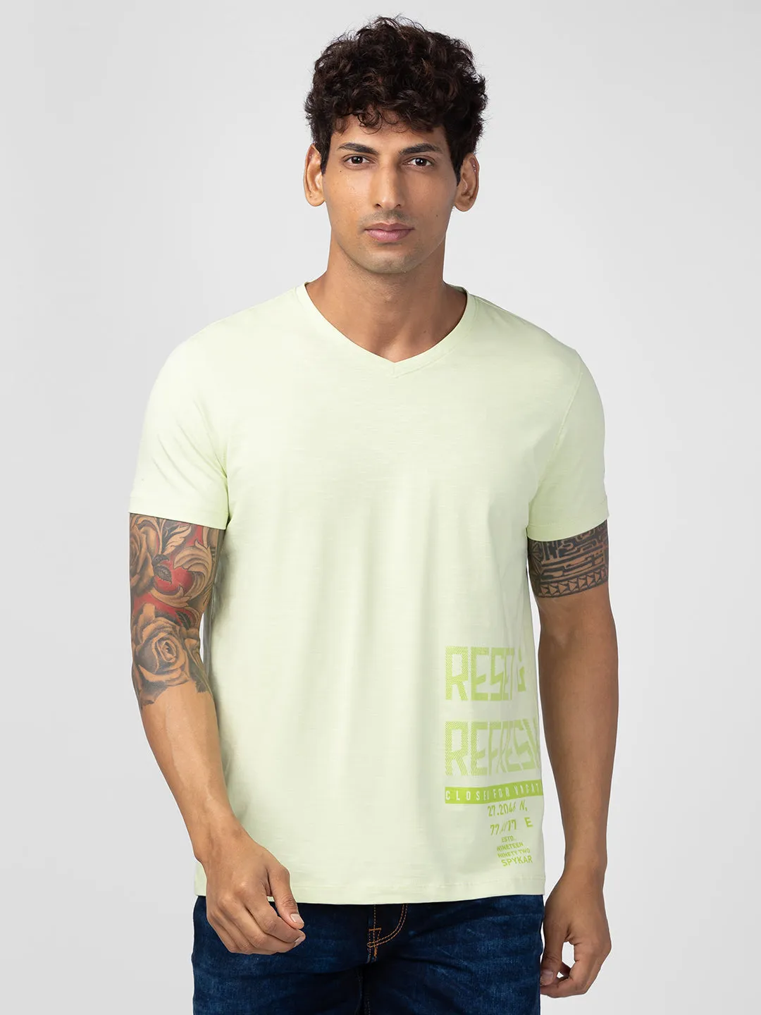 Spykar Men Powder Green Cotton Regular Fit Half Sleeve Printed T-Shirt