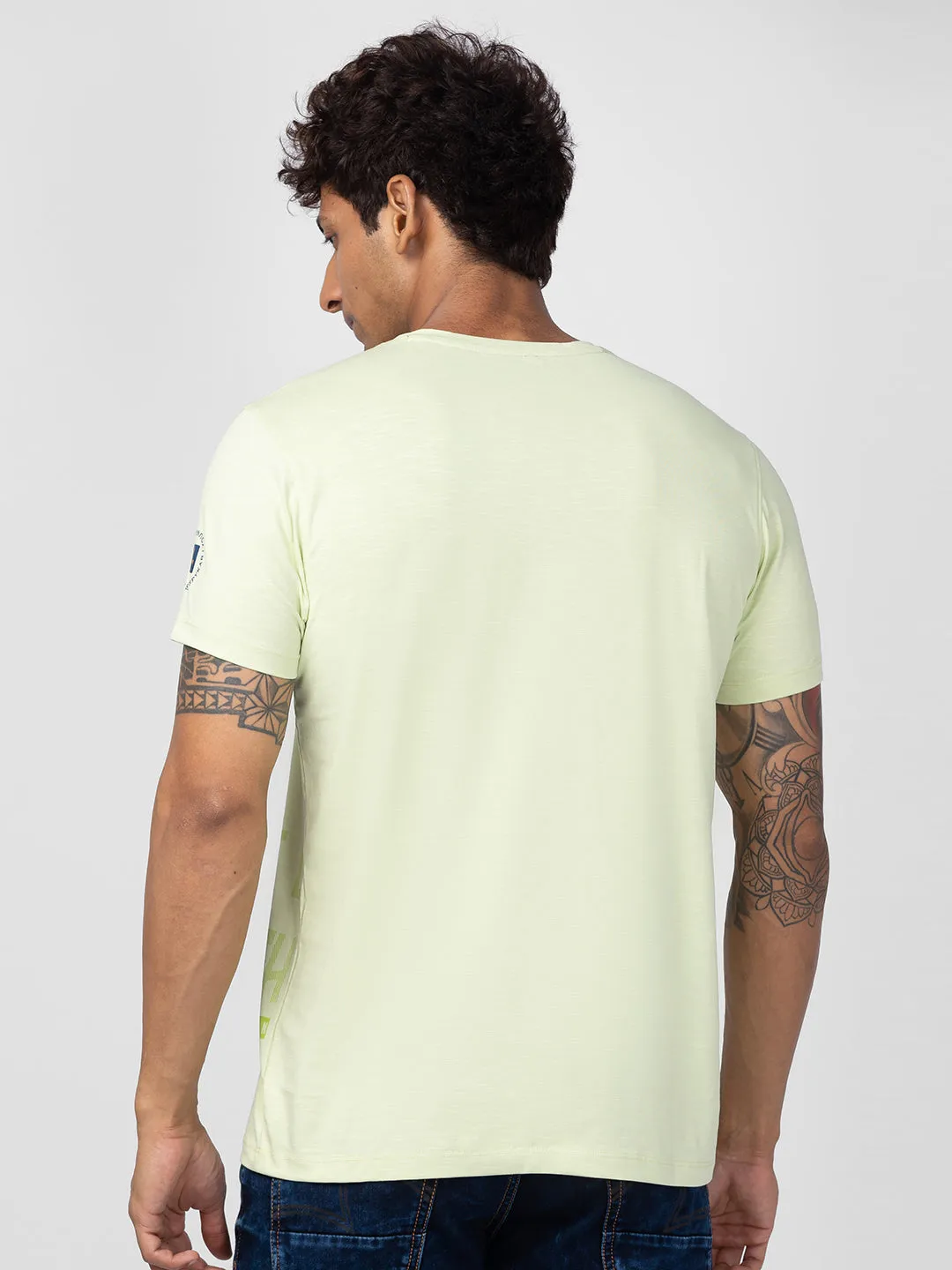 Spykar Men Powder Green Cotton Regular Fit Half Sleeve Printed T-Shirt