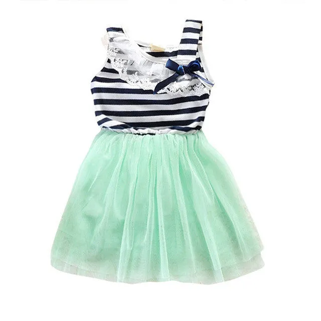 Summer New Fashion Cute Dress 2-6Y Kids Girls Stripe Lace Tutu Dress Brace Bowknot Ruffle Tulle Baby One-piece Dresses