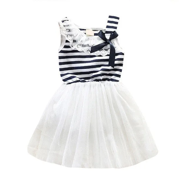 Summer New Fashion Cute Dress 2-6Y Kids Girls Stripe Lace Tutu Dress Brace Bowknot Ruffle Tulle Baby One-piece Dresses