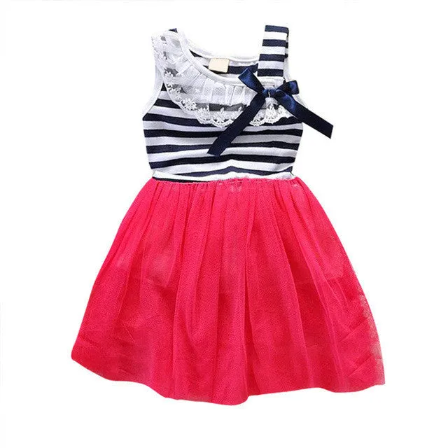 Summer New Fashion Cute Dress 2-6Y Kids Girls Stripe Lace Tutu Dress Brace Bowknot Ruffle Tulle Baby One-piece Dresses