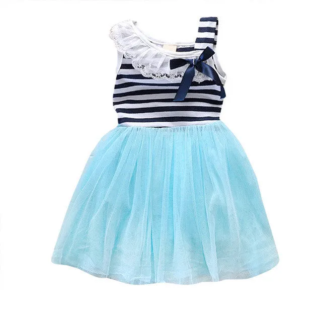 Summer New Fashion Cute Dress 2-6Y Kids Girls Stripe Lace Tutu Dress Brace Bowknot Ruffle Tulle Baby One-piece Dresses