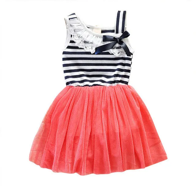 Summer New Fashion Cute Dress 2-6Y Kids Girls Stripe Lace Tutu Dress Brace Bowknot Ruffle Tulle Baby One-piece Dresses