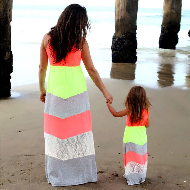 Summer Style Family Matching Outfits mother daughter dresses Contrast Color blue A-Line Dress Ankle-Length mother & kids clothes