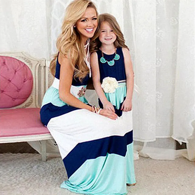 Summer Style Family Matching Outfits mother daughter dresses Contrast Color blue A-Line Dress Ankle-Length mother & kids clothes