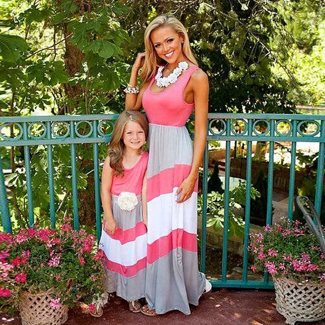 Summer Style Family Matching Outfits mother daughter dresses Contrast Color blue A-Line Dress Ankle-Length mother & kids clothes