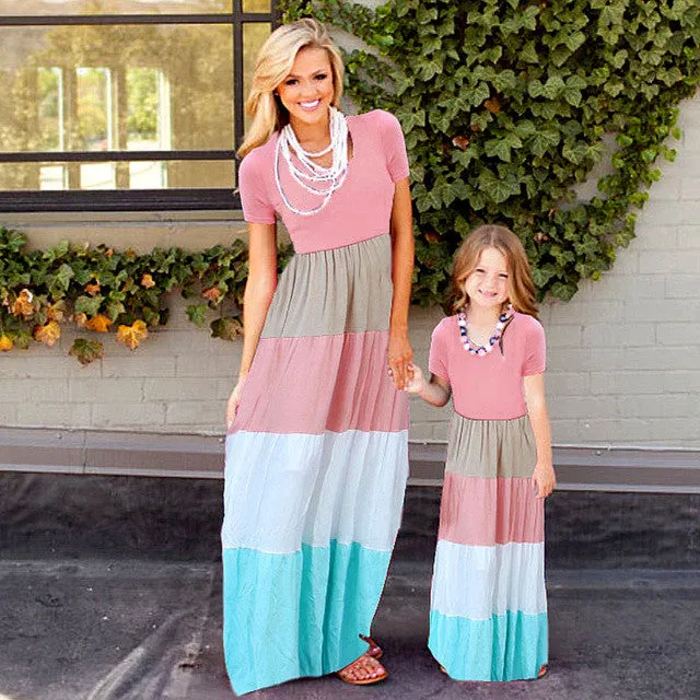 Summer Style Family Matching Outfits mother daughter dresses Contrast Color blue A-Line Dress Ankle-Length mother & kids clothes