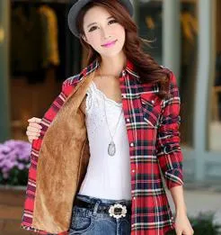 Thick velvet Blusas winter cotton long-sleeved women's plaid shirt flannel blouses feminina chemise femme camisas femenina tops