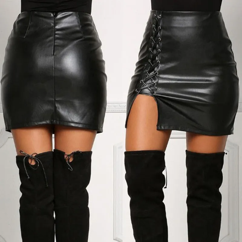 Trendy Faux Leather Mini Split Tie Up Skirt