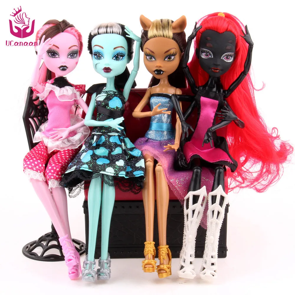 UCanaan Fashion Dolls 4 pcs/set Draculaura/Clawdeen Wolf/ Frankie Stein / Black WYDOWNA Spider Moveable Body Girls Toys Gift