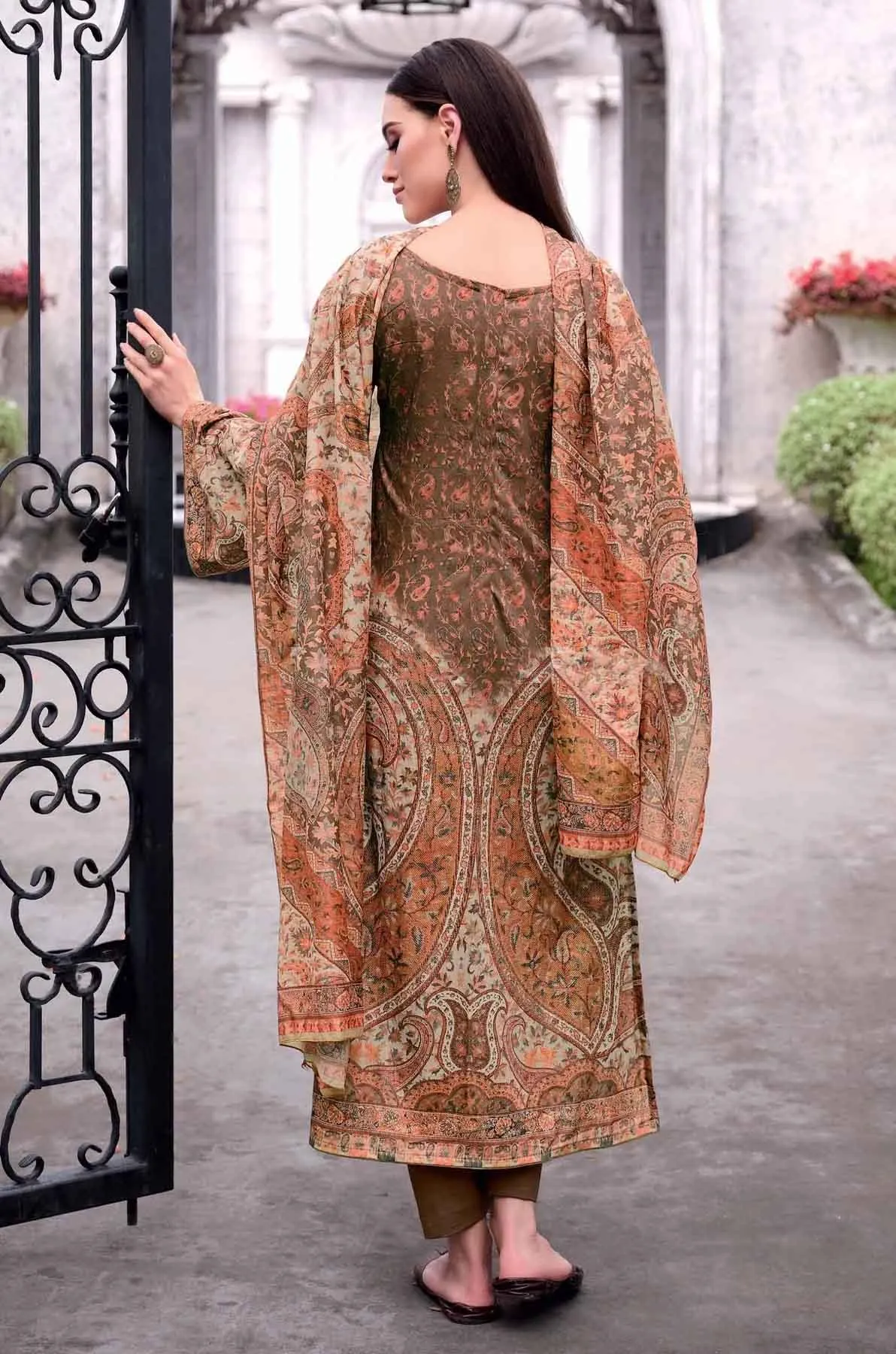 Unstitched Brown Cotton Lawn Women Salwar Suit Fabric Dress Materials