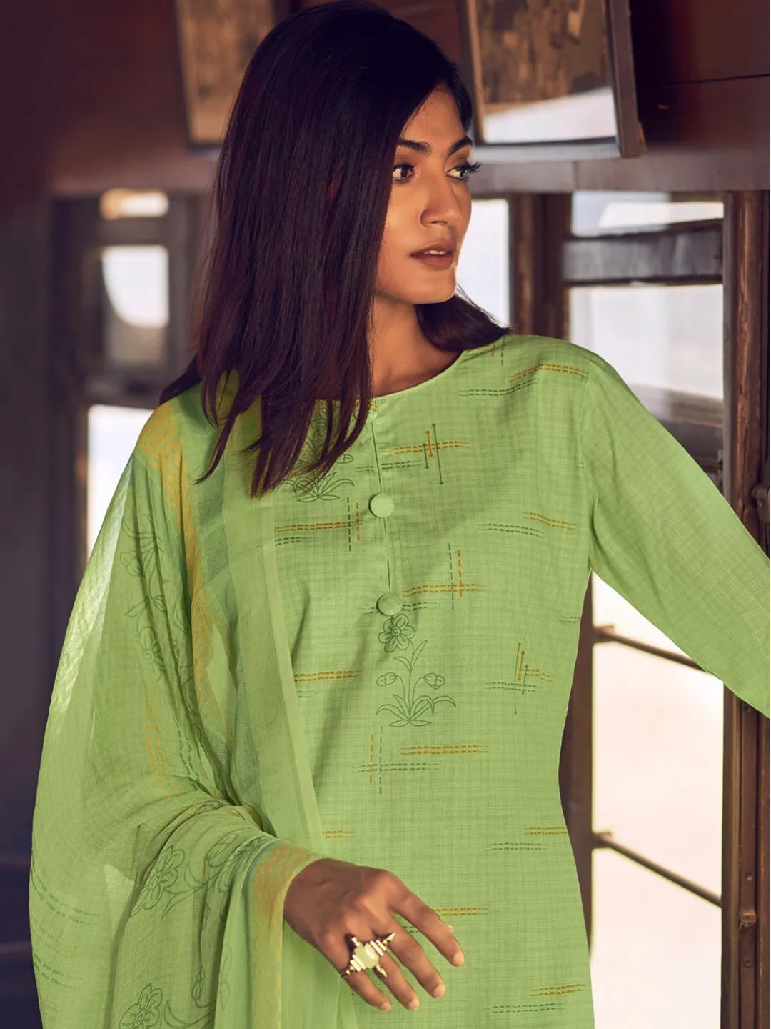 Unstitched Green Cotton Salwar Suit Dress Material