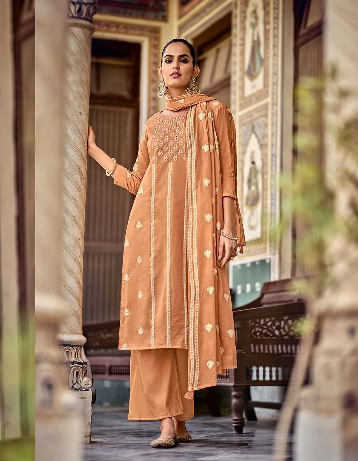 Unstitched Orange Cotton Pakistani Dress Material Salwar Suits