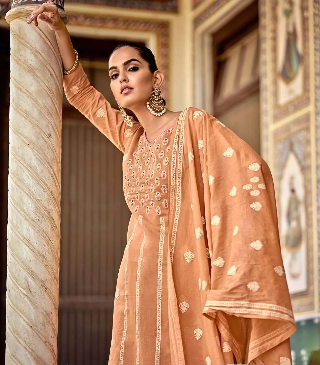 Unstitched Orange Cotton Pakistani Dress Material Salwar Suits