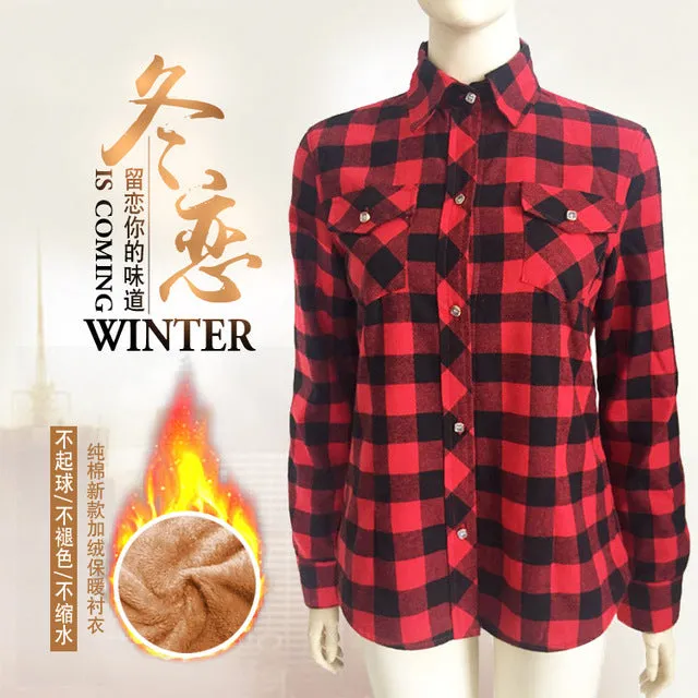 Velvet Thick Warm Women's Plaid Shirt Female Long Sleeve Tops M-XXL Size Winter Check Blouse Blusas Femininas Chemise Femme