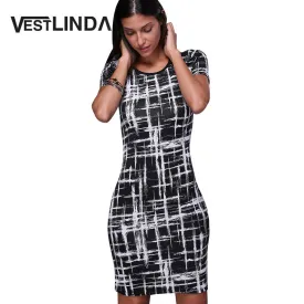 VESTLINDA Summer Office Pencil Midi Dress Short Sleeve Print Bodycon Dress Women Tunic Elegant Vestidos Sheath Ladies Dresses