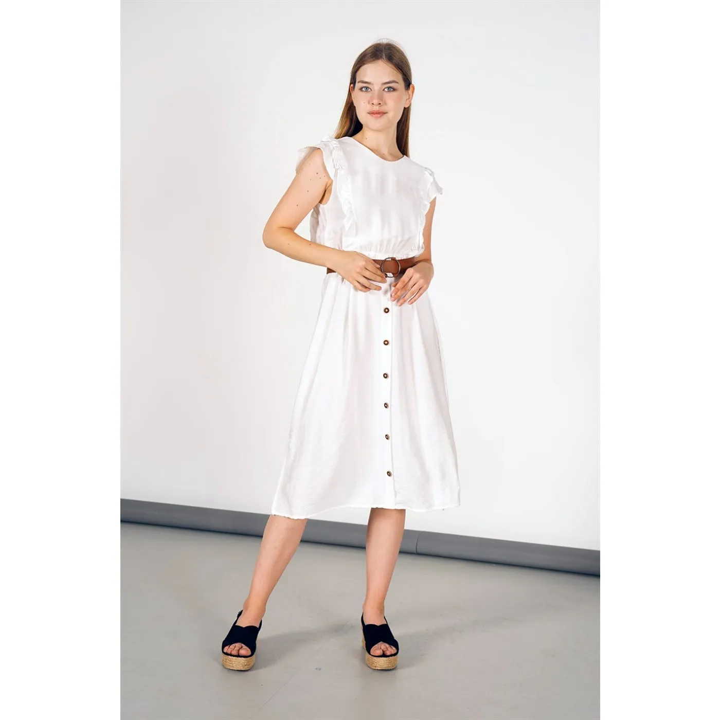 White Belted Frill Dress