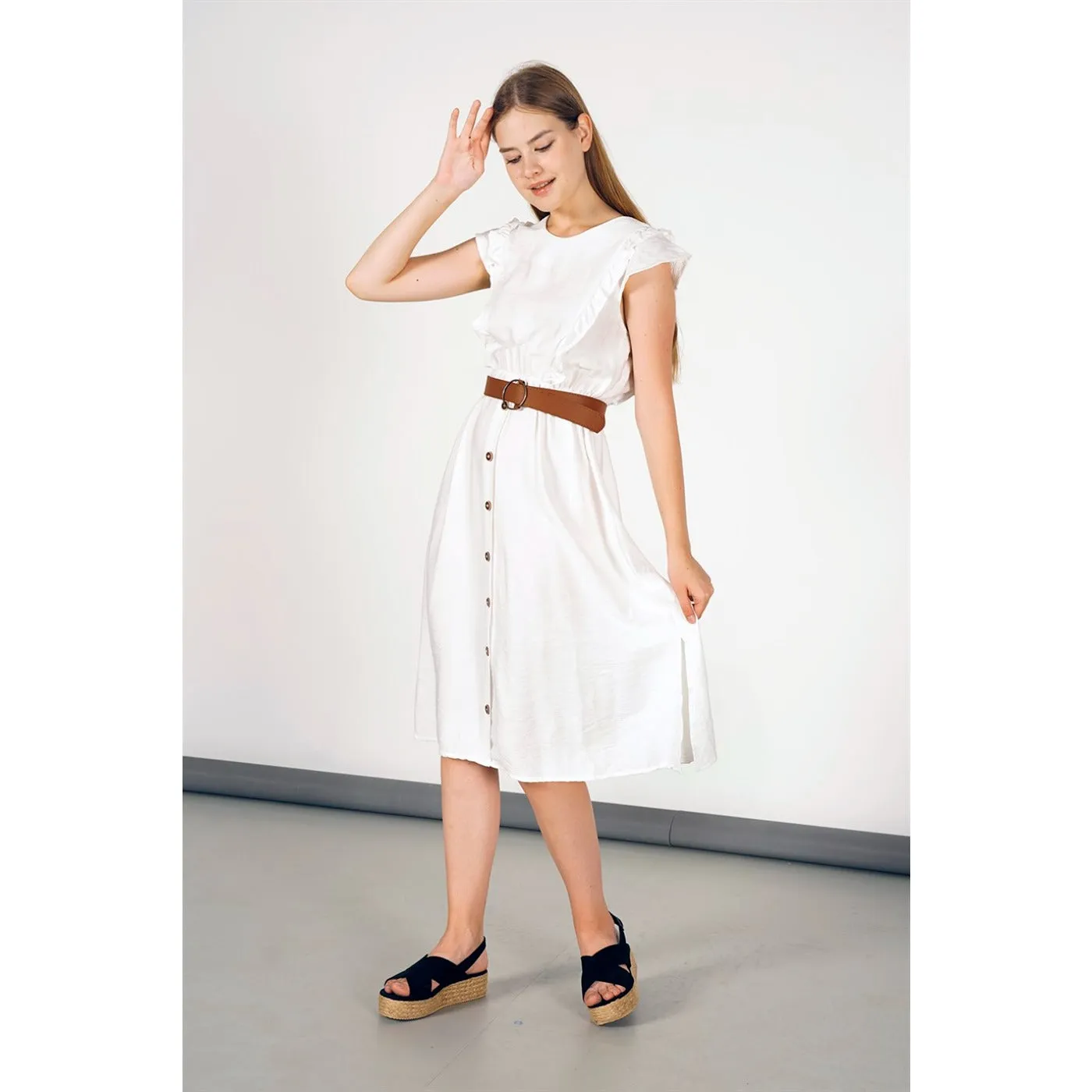 White Belted Frill Dress