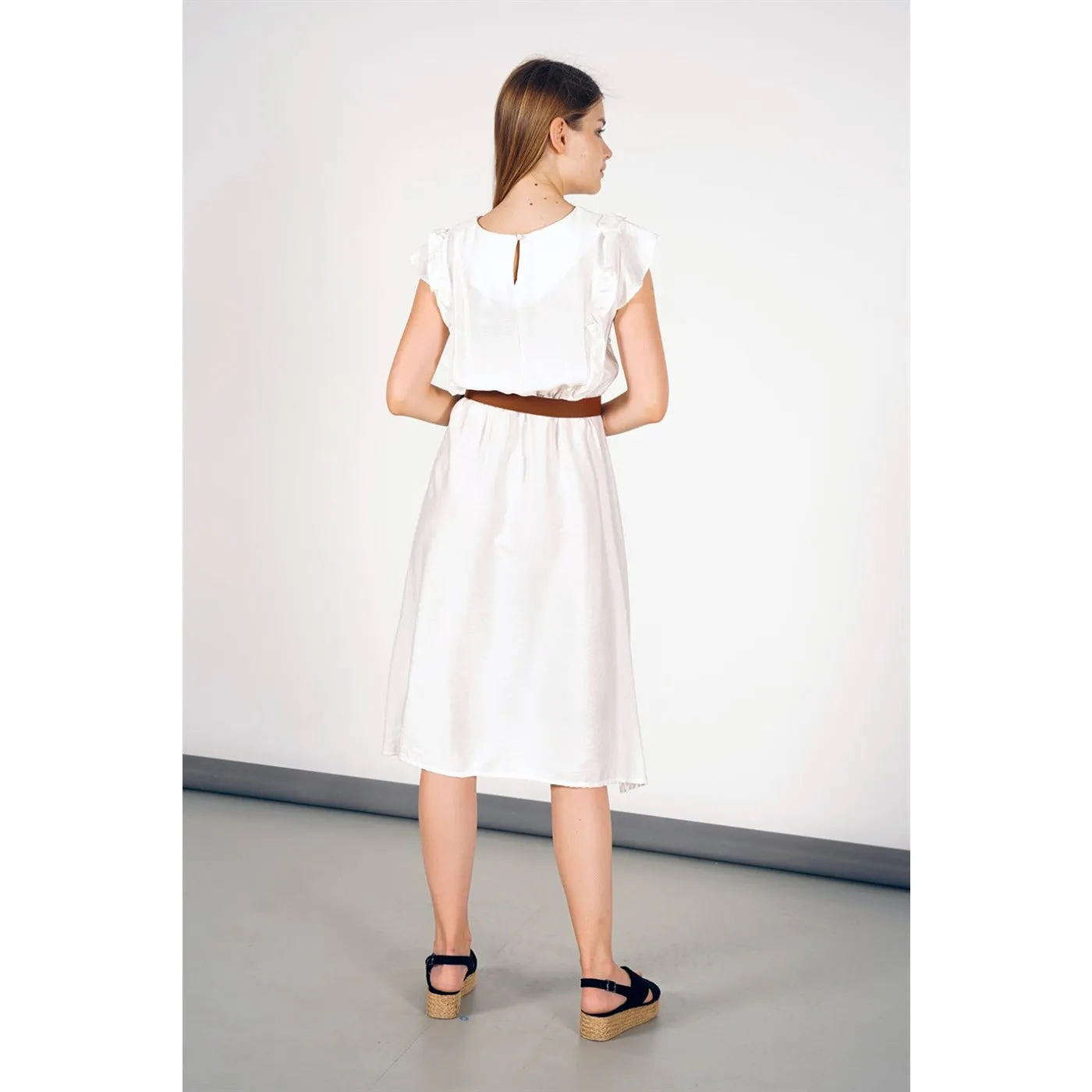 White Belted Frill Dress