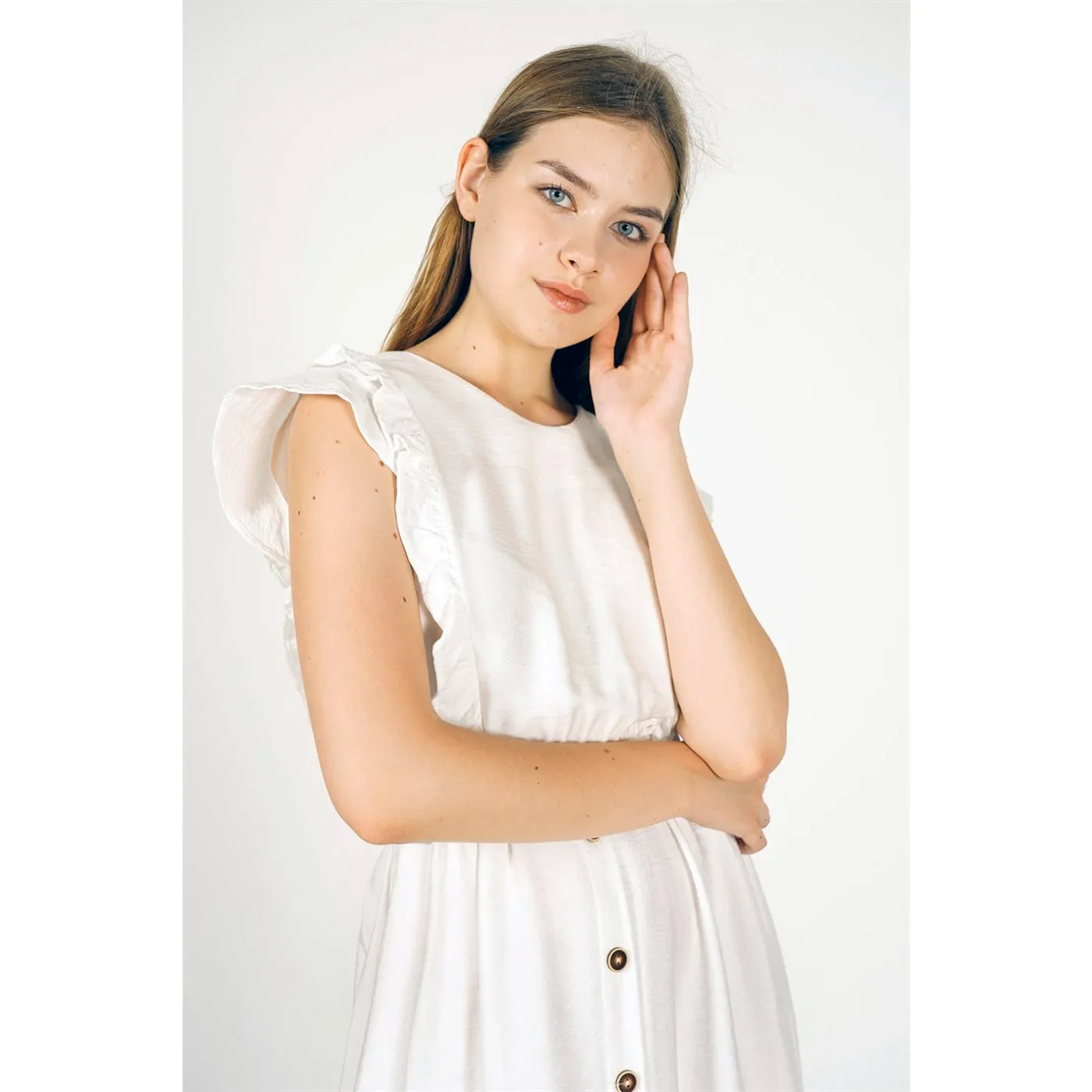 White Belted Frill Dress